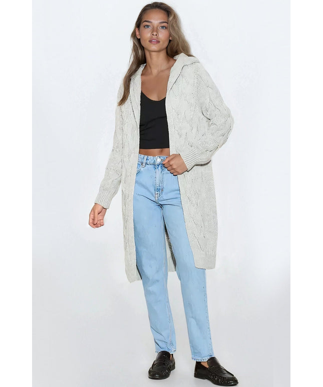 Silver Grey Hooded Cable Knitted Longline Cardigan