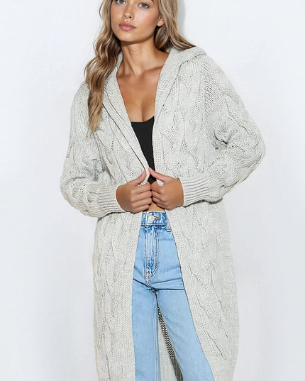 Silver Grey Hooded Cable Knitted Longline Cardigan