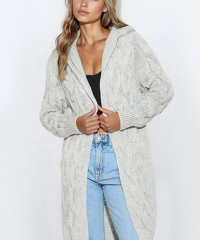 Silver Grey Hooded Cable Knitted Longline Cardigan