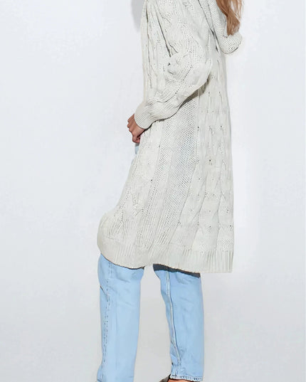 Silver Grey Hooded Cable Knitted Longline Cardigan