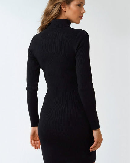 Black Ribbed Cut Out Roll Neck Dress