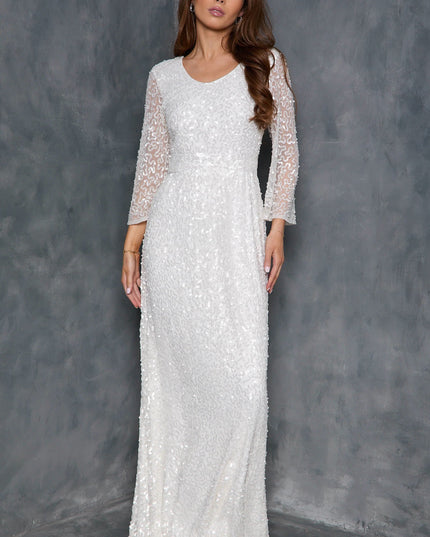 White Sequin Angel Sleeve Open Back Maxi Dress