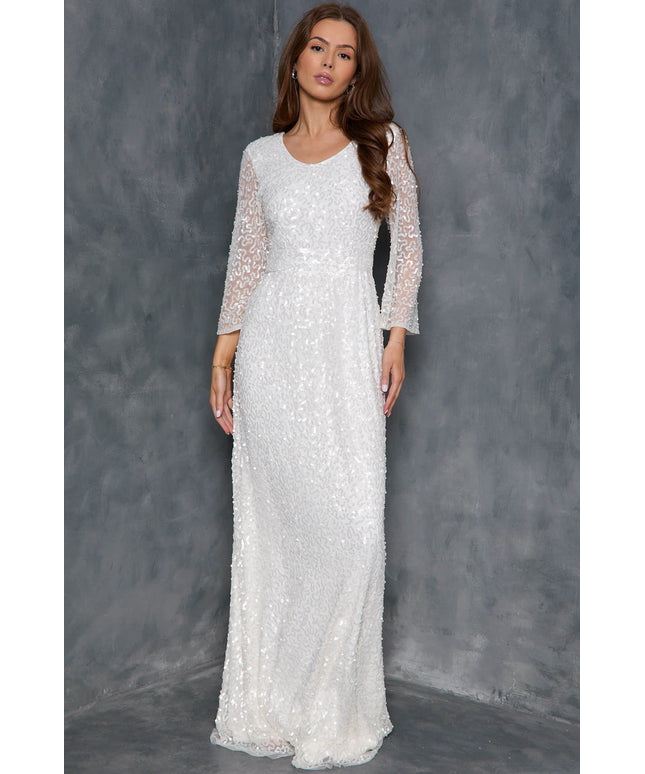 White Sequin Angel Sleeve Open Back Maxi Dress
