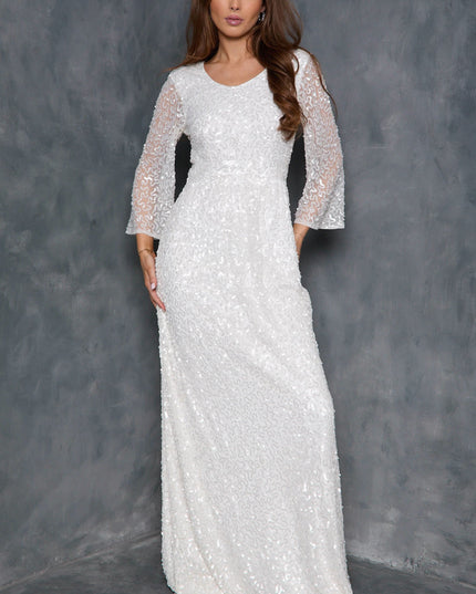 White Sequin Angel Sleeve Open Back Maxi Dress