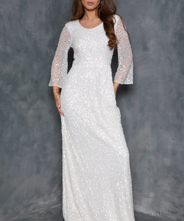 White Sequin Angel Sleeve Open Back Maxi Dress