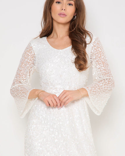 White Sequin Angel Sleeve Open Back Maxi Dress