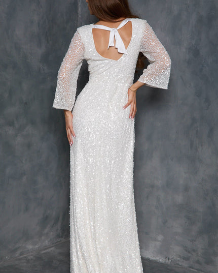 White Sequin Angel Sleeve Open Back Maxi Dress