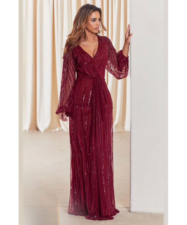 Daisianne Berry Sequin Long Sleeve Wrap Maxi Dress