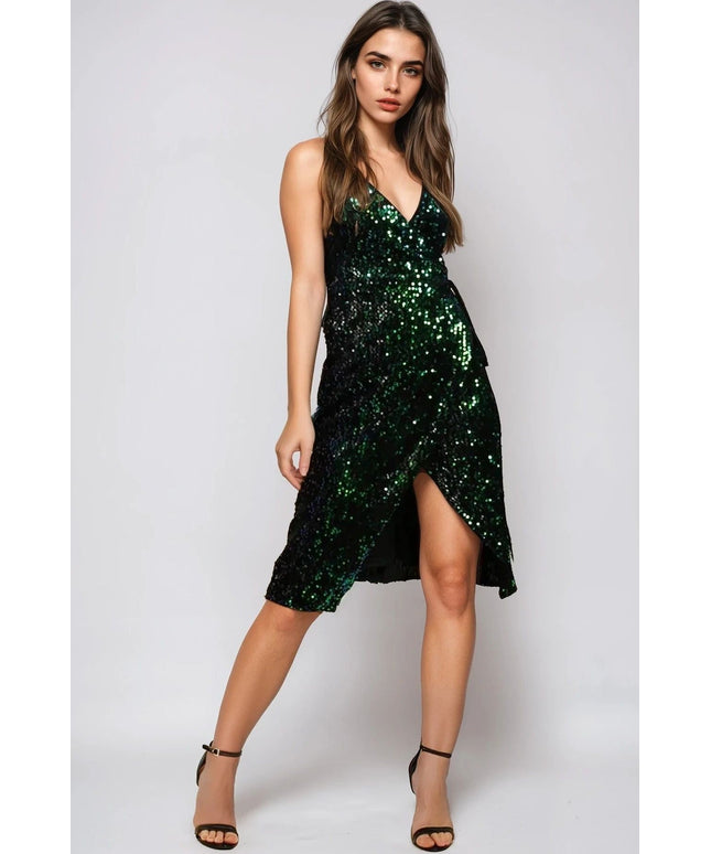 Green Sequin Velvet Wrap Dress