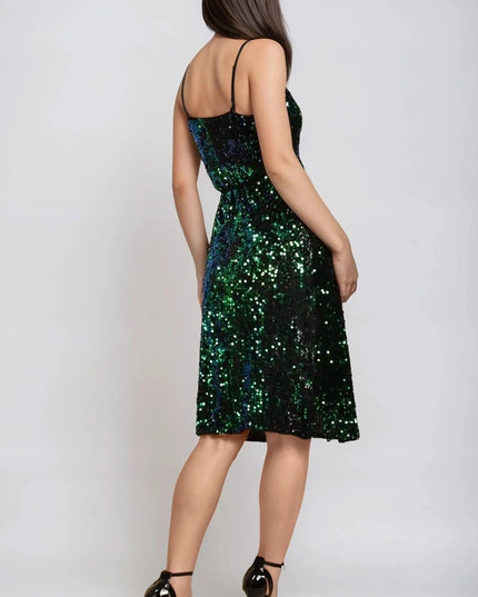 Green Sequin Velvet Wrap Dress