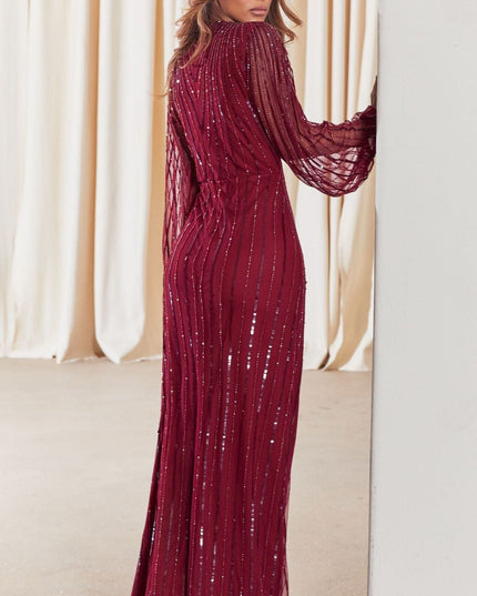 Daisianne Berry Sequin Long Sleeve Wrap Maxi Dress