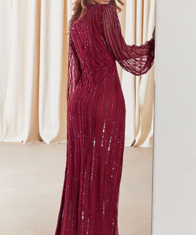 Daisianne Berry Sequin Long Sleeve Wrap Maxi Dress