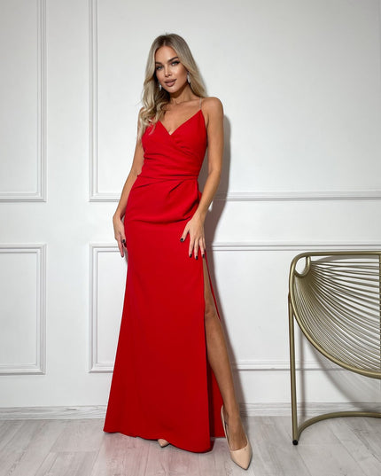 Flowing Cherry Red Maxi Dress — Draped Wrap Bodice & Open Back-4