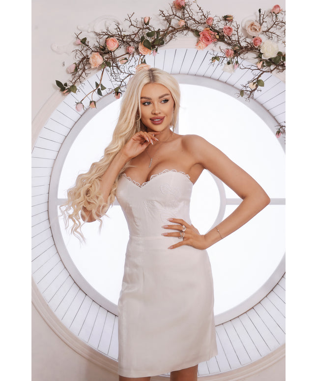 floral white strapless mini dress