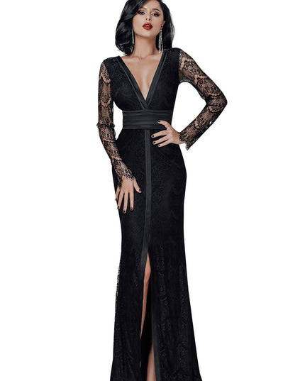 elegant formal black dress with silky detaling and long sleeves