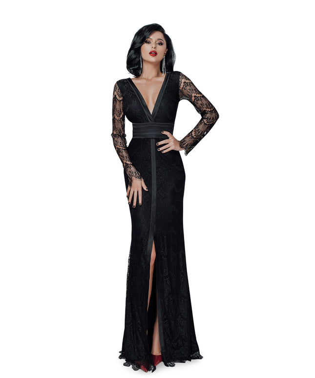 elegant formal black dress with silky detaling and long sleeves
