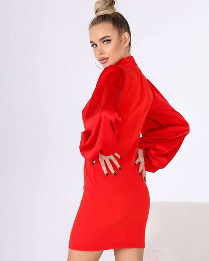 Mock Neck Puffed Satin Sleeve Body-con Mini Dress