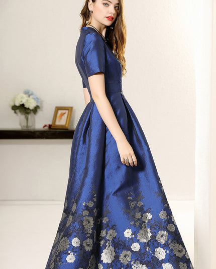 Blue short sleeves floral jacquard A-line mom dress