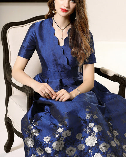 Blue short sleeves floral jacquard A-line mom dress