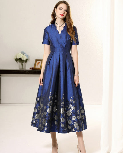 Blue short sleeves floral jacquard A-line mom dress