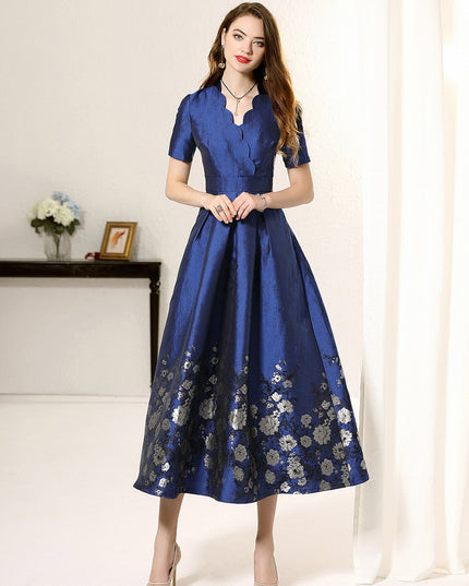Blue short sleeves floral jacquard A-line mom dress