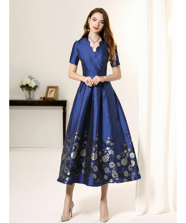 Blue short sleeves floral jacquard A-line mom dress