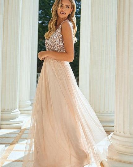 Valeria Blush Sequin V Neck Maxi Dress