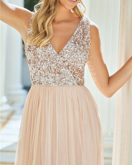 Valeria Blush Sequin V Neck Maxi Dress