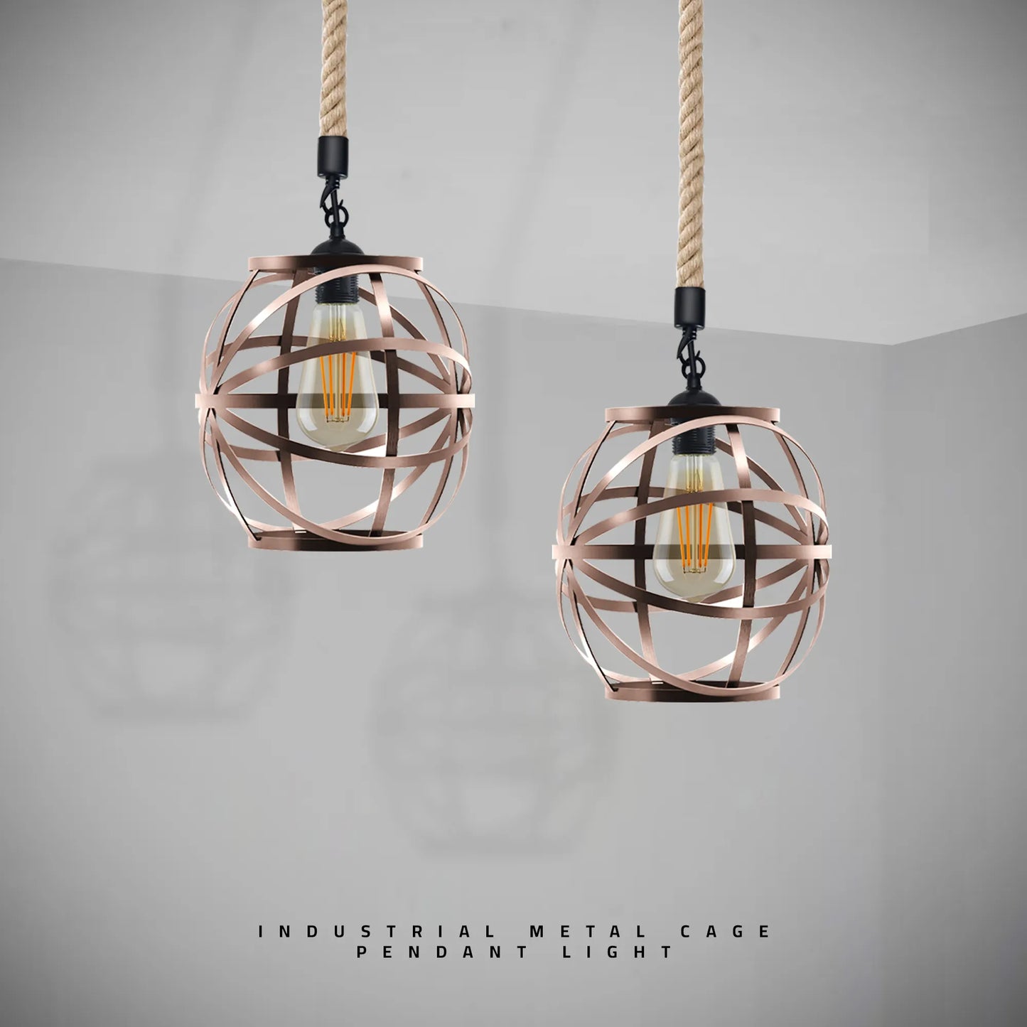 Single Ceiling Hemp Rope Hanging Pendant light with Bulb Guard wire cage light~5089