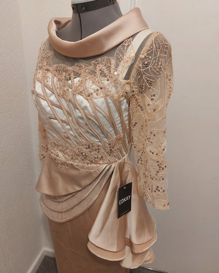 Champagne peplum lace appliqued mother of the bride dress