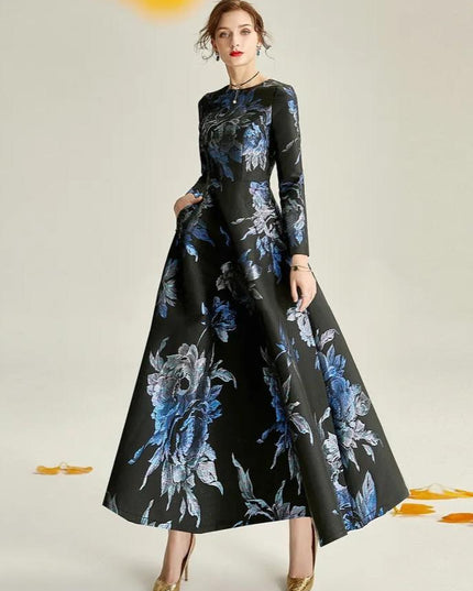 The dark blue jacquard formal mum dress