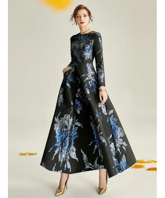 The dark blue jacquard formal mum dress