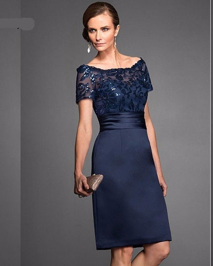 Navy blue lace appliqued knee length bridal dress