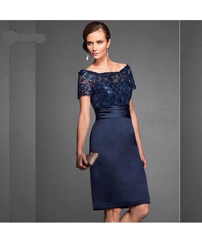 Navy blue lace appliqued knee length bridal dress
