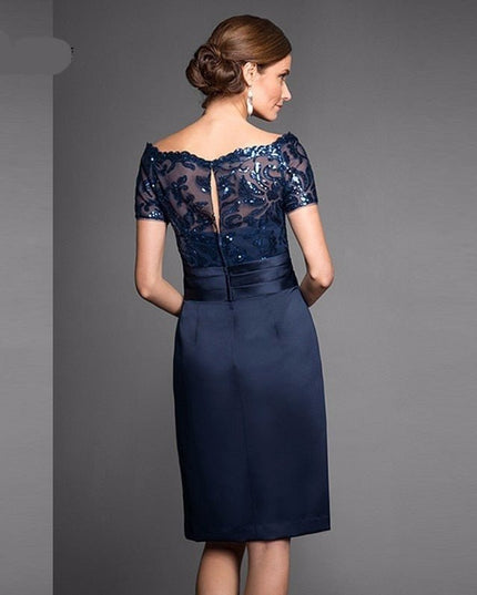 Navy blue lace appliqued knee length bridal dress