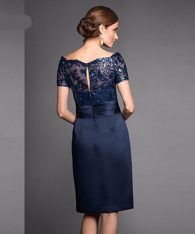 Navy blue lace appliqued knee length bridal dress