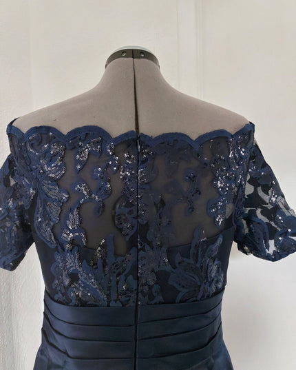 Navy blue lace appliqued knee length bridal dress