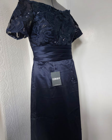 Navy blue lace appliqued knee length bridal dress