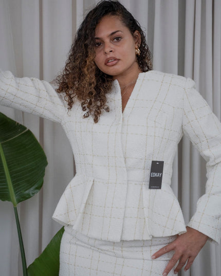 The pleated-peplum plaid tweed skirt suit (UK size 14)