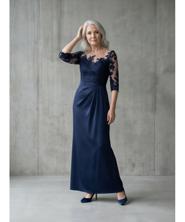 Navy blue maxi pleated waistline mermaid mother of the bride/groom maxi dress