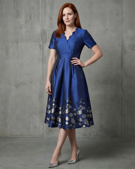 Blue short sleeves floral jacquard A-line mom dress