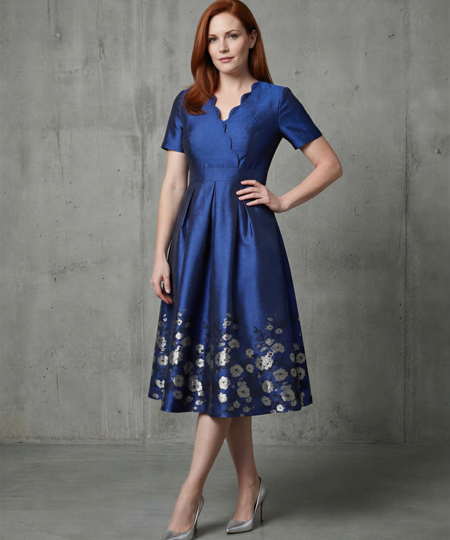 Blue short sleeves floral jacquard A-line mom dress