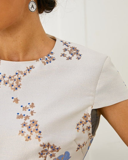 Silver floral jacquard short cape sleeves mother of the bride dress